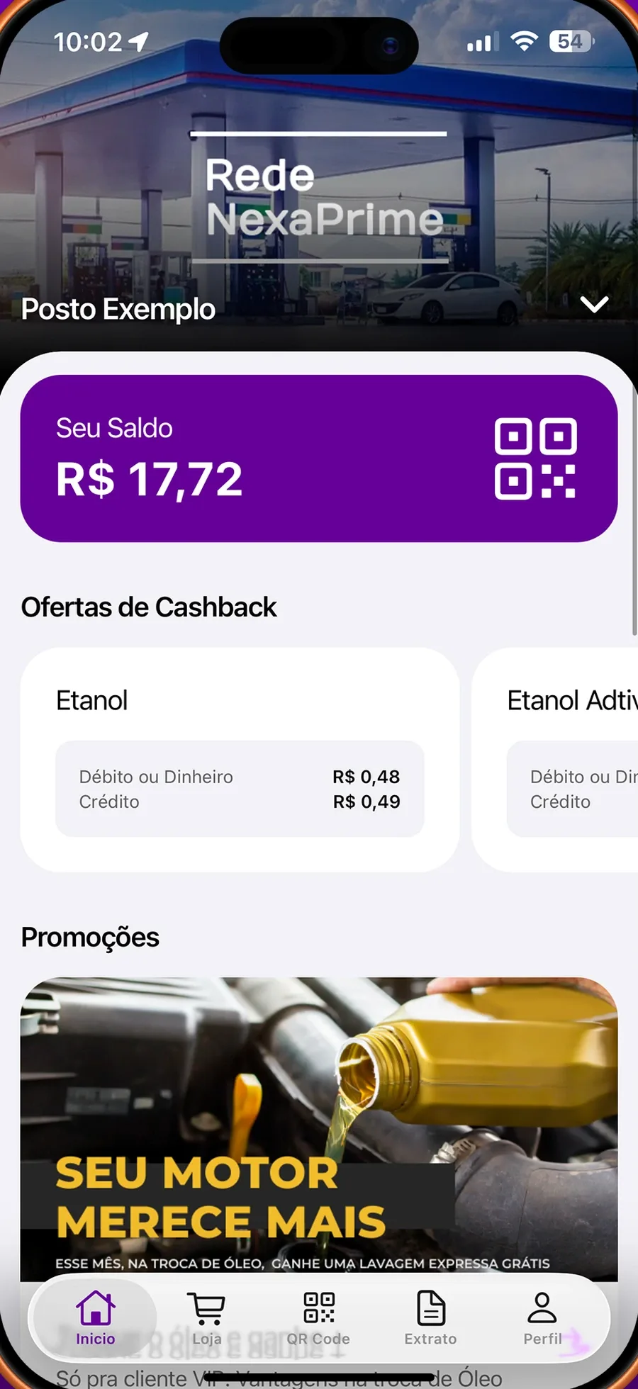 Tela inicial do app Meu Posto: saldo de cashback, ofertas por combustível e promoções do posto.