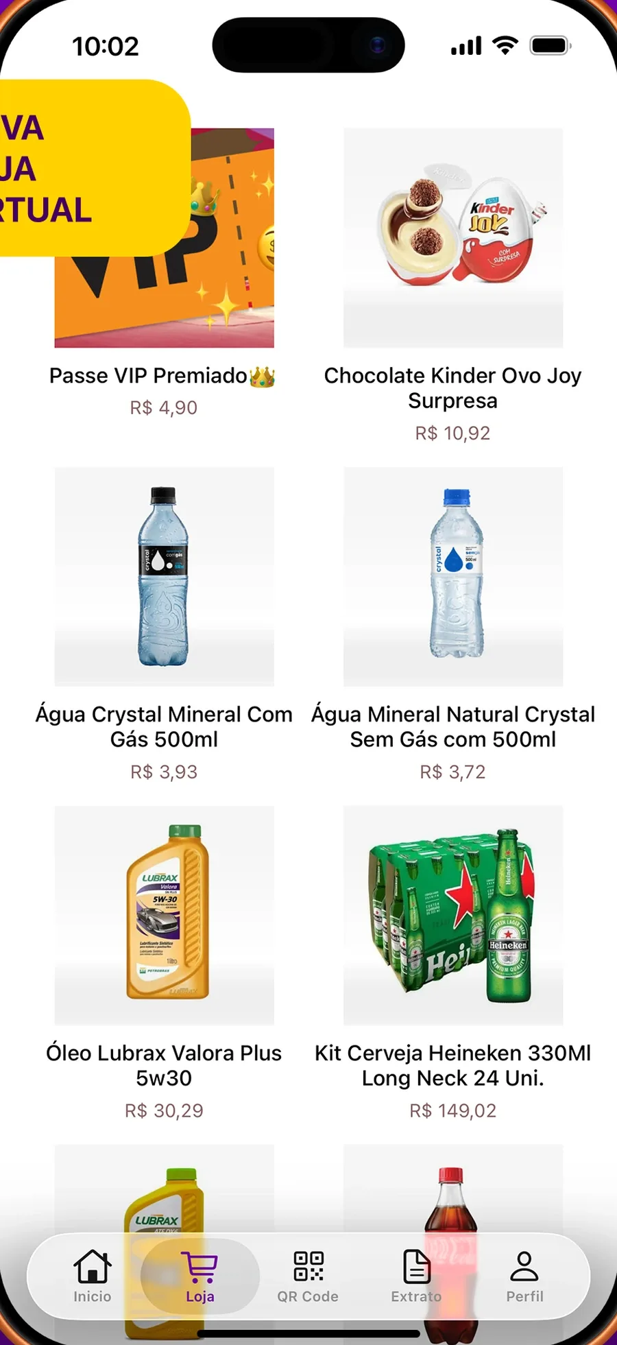 Loja do app Meu Posto: produtos da conveniência com preço, como água, óleo e passe VIP.